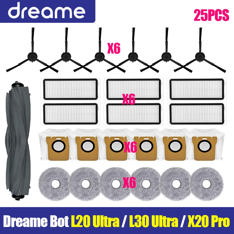 Подходит для Dreame Bot L20 Ultra/L30 Ultra/X20 Pro, аксессуары, основная боковая щетка, тряпки для швабры, фильтр Hepa, мешки для пыли, детали 
Подходит для Dreame Bot L20 Ultra/L30 Ultra/X20 Pro, аксессуары, основная боковая щетка, тряпки для швабры, фильтр Hepa, мешки для пыли, детали