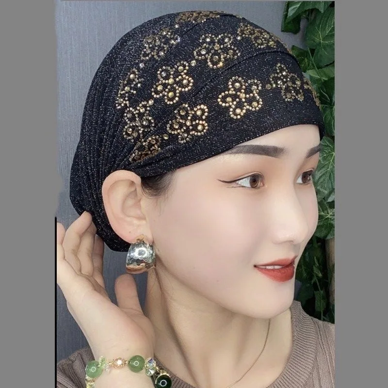 

Breathable Summer Turban Hats for Muslim Women Glitter Diamonds Headwear Bonnet Lady Bandana Hair Loss Hat Cancer Chemo Cap