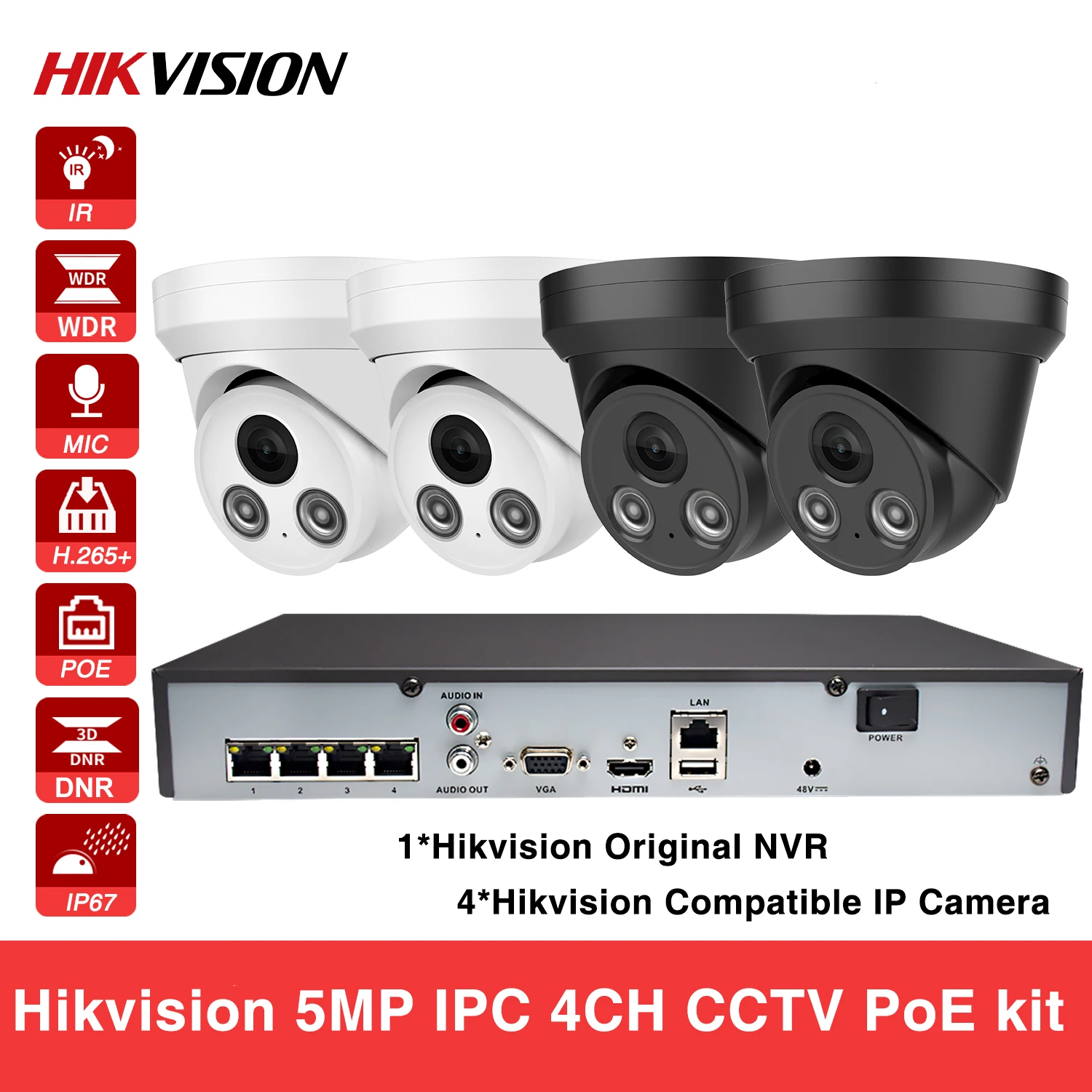 

Hikvision Compatible 5MP IR Dome PoE IP67 Built-in Mic Camera 4CH PoE NVR Hik DS-7604NI-K1/4P CCTV Kit Security Surveillance Sys