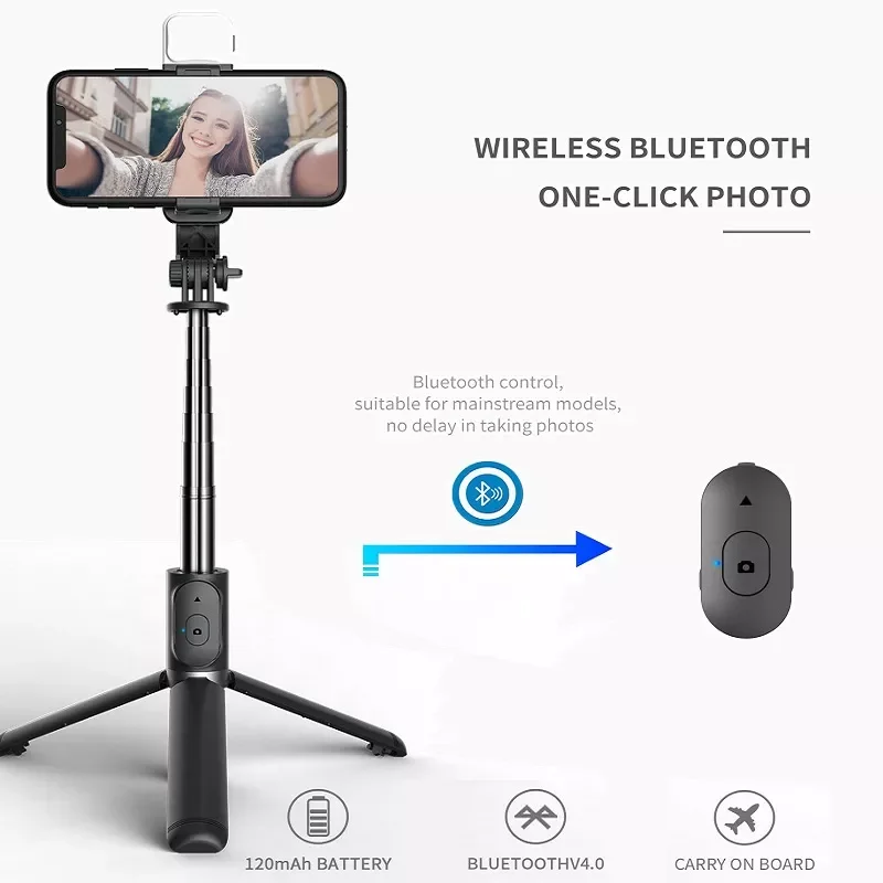 Wireless bluetooth selfie stick foldable mini tripod with fill light shutter remote control for IOS
Wireless bluetooth selfie stick foldable mini tripod with fill light shutter remote control for IOS