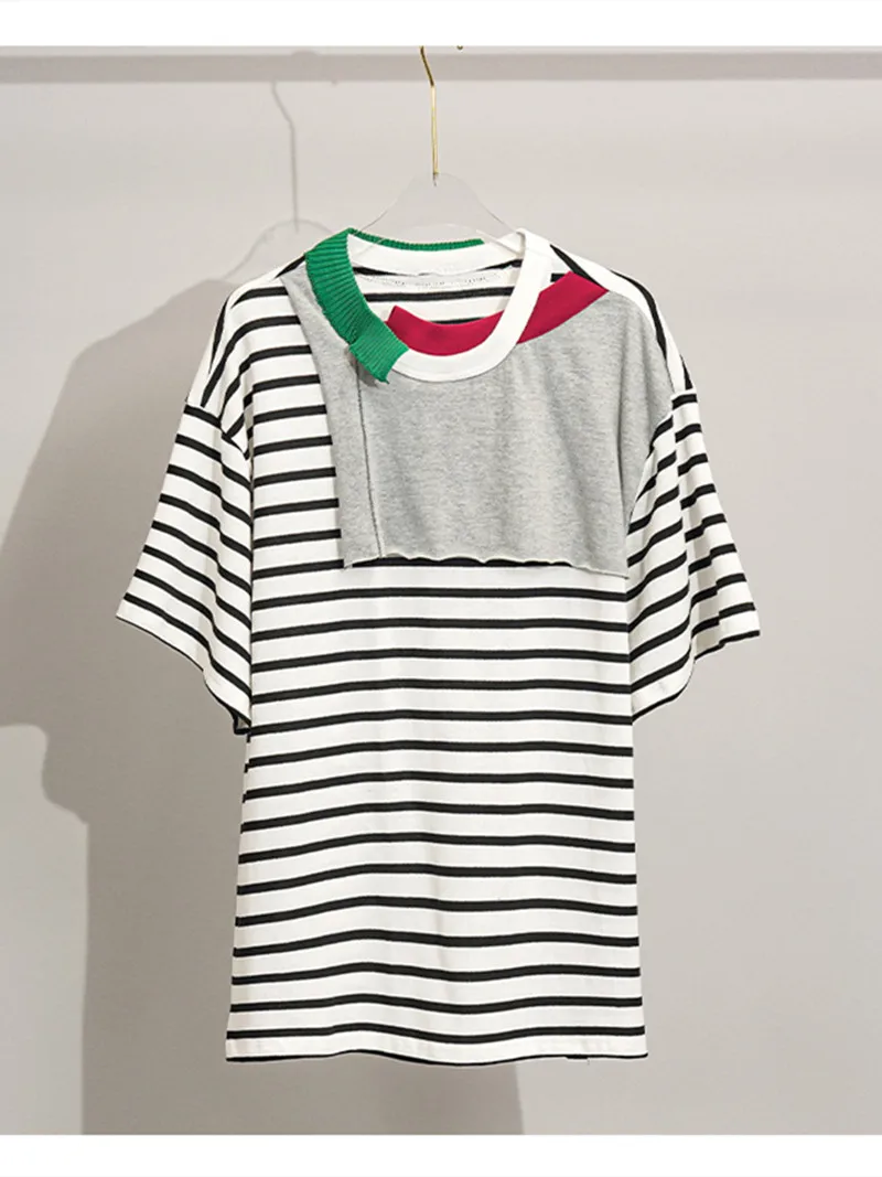 College Style Women's Striped T-Shirt New Ladies Irregular Color Contrast Fresh Casual Short-Sleeved Tee Top 2022 Spring Summer
College Style Women's Striped T-Shirt New Ladies Irregular Color Contrast Fresh Casual Short-Sleeved Tee Top 2022 Spring Summer