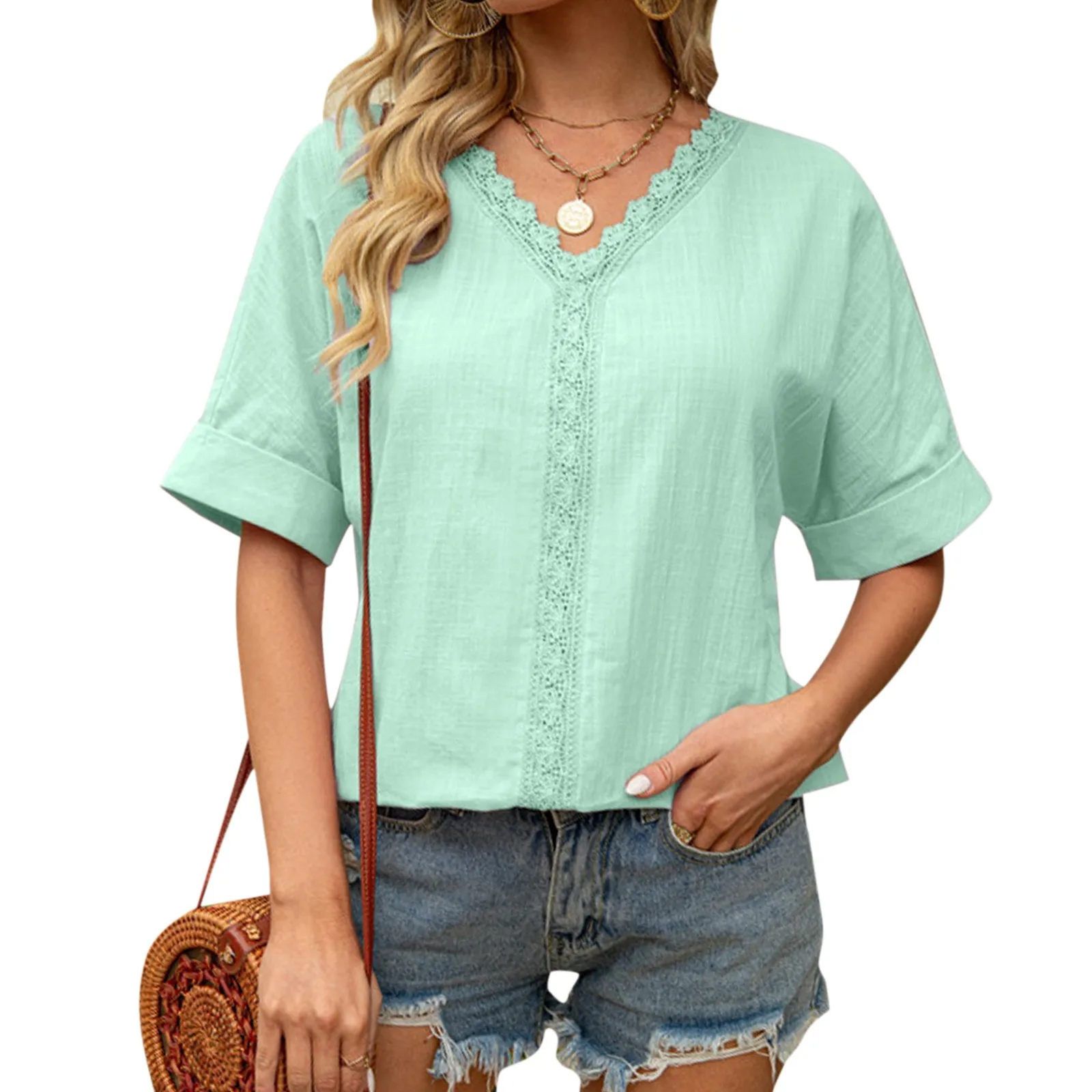 Summer Fashion Solid Color T Shirts Women Lace Ruffles V Neck T Shirts Ladies Half Sleeve Casual Top Tunic Shirt Street Outfits
Summer Fashion Solid Color T Shirts Women Lace Ruffles V Neck T Shirts Ladies Half Sleeve Casual Top Tunic Shirt Street Outfits