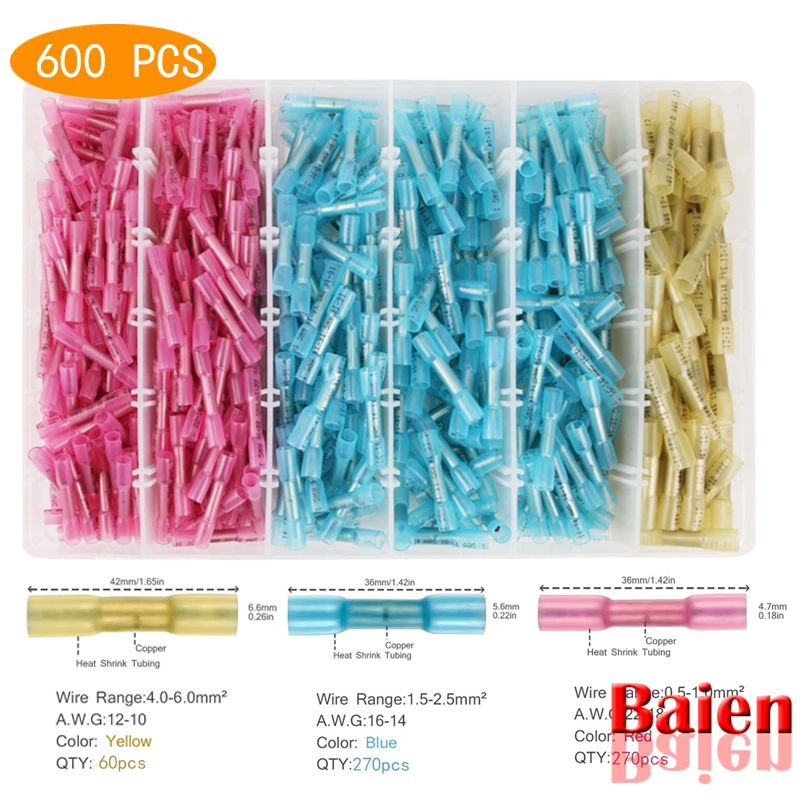 600pcs Assorted Heat Shrink Butt Splice Crimp Connectors Insulated Waterproof Copper PE AWG 22-10 Terminals Kit With Plastic Box
600pcs Assorted Heat Shrink Butt Splice Crimp Connectors Insulated Waterproof Copper PE AWG 22-10 Terminals Kit With Plastic Box