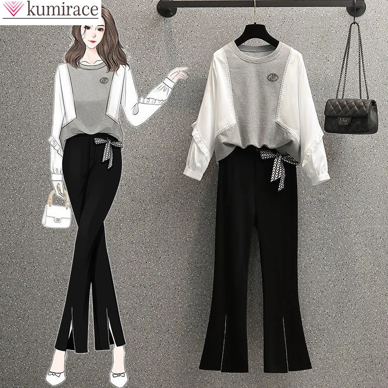 2022 Autumn Black and White Stitched Long Sleeve Sweater Bow Casual Horn Trousers Elegant Women's Two-piece Pants Set Tracksuit
2022 Autumn Black and White Stitched Long Sleeve Sweater Bow Casual Horn Trousers Elegant Women's Two-piece Pants Set Tracksuit