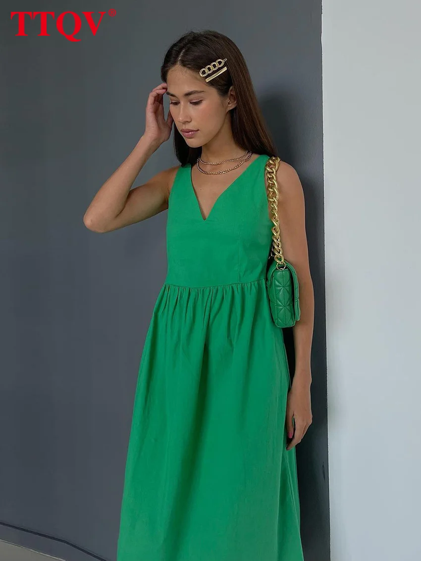 

Летнее зеленое женское платье TTQV с V-образным вырезом 2022, повседневные свободные офисные платья-миди без рукавов, элегантное классическое женское платье с рюшами