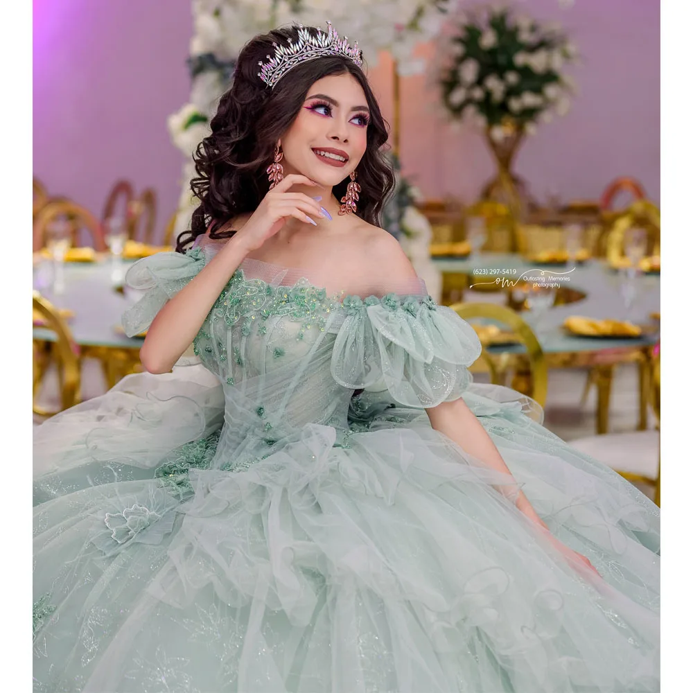 Платье Quinceanera бальное платье с блестками кружевная аппликация бисер бантом