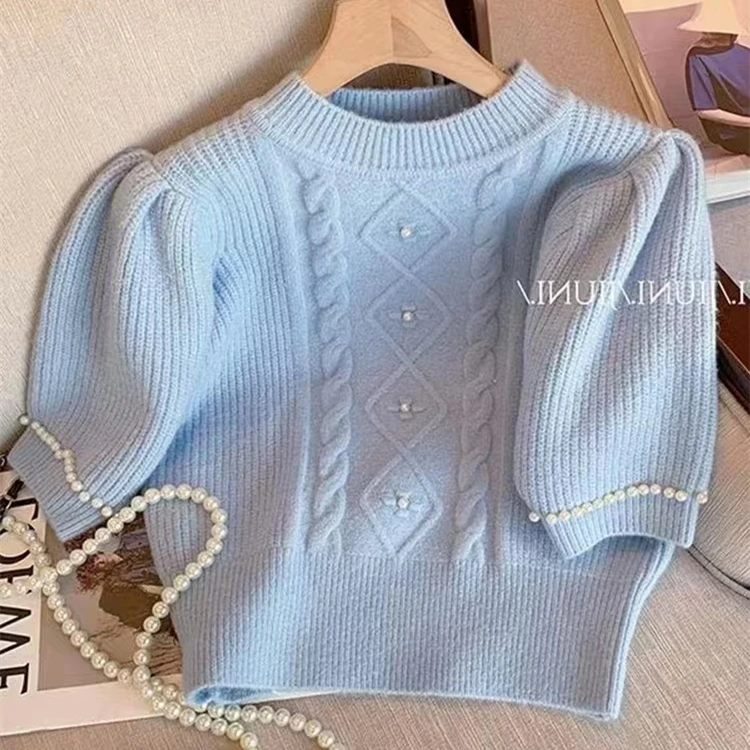 

Beading Pearl Sweater Women 2023 Summer Twisted Knitted T-shirt Elegant Korean Knitwear Short Puff Sleeve Tops O-neck Pullovers