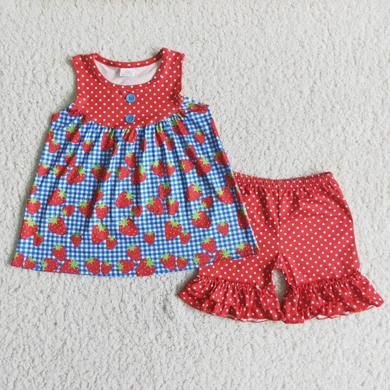 

RTS 2022 Fashion Baby Girl Strawberry Sleeveless Top Summer Red Dots Ruffle Shorts Kids Boutique Outfits Clothing Sets