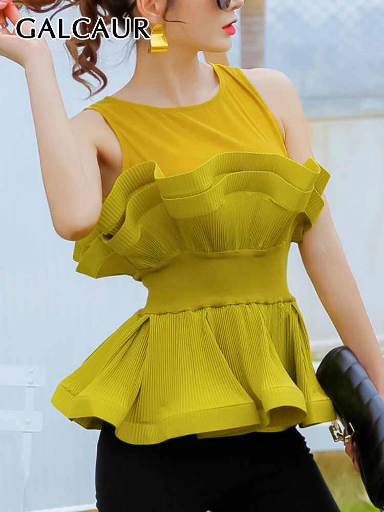 GALCAUR Patchwork Ruffles Shirts For Women Round Neck Sleeveless Off Shoulder Tunic Folds Fashion Pullover Blouse Female Summer
GALCAUR Patchwork Ruffles Shirts For Women Round Neck Sleeveless Off Shoulder Tunic Folds Fashion Pullover Blouse Female Summer