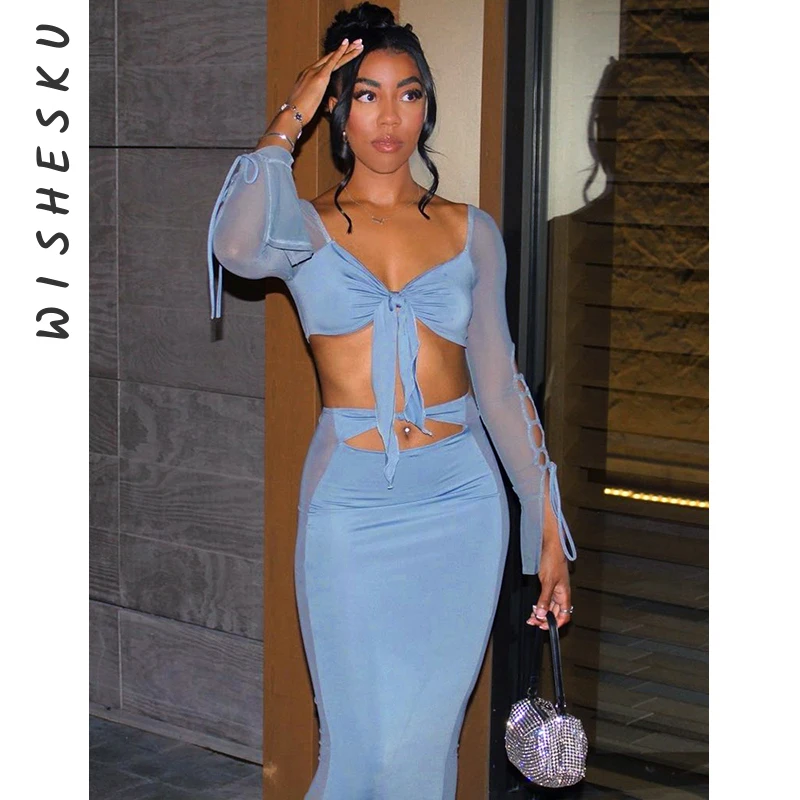 Two Piece Set Women Mesh See Through Outfits Sexy Long Sleeve Hollow Out Lace Up Crop Top+High Waist Slim Fit Maxi Skirt 2023
Two Piece Set Women Mesh See Through Outfits Sexy Long Sleeve Hollow Out Lace Up Crop Top+High Waist Slim Fit Maxi Skirt 2023