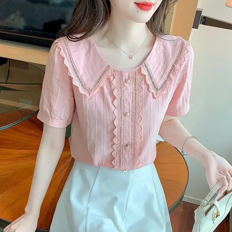 Summer blouse thin short -sleeved T -shirt women's summer 2022 new top design sense niche doll collar chiffon shirt blouse
Summer blouse thin short -sleeved T -shirt women's summer 2022 new top design sense niche doll collar chiffon shirt blouse