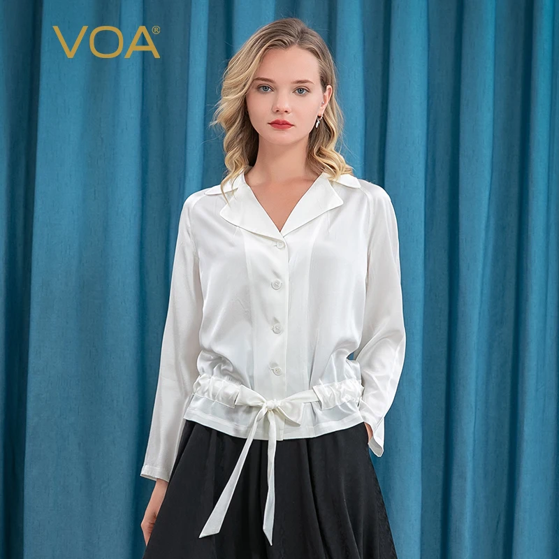 

(Clearance Sale) VOA Silk Slight Strech Satin Suit Collar Raglan Long Sleeve Tops Pleated Single-Breasted Blouse Women B3072