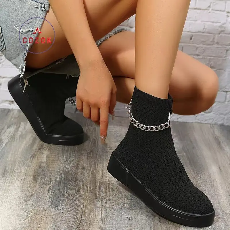 Spring and Autumn Women Lace Up Socks Boots Chain Pearl Round Toe Boots Chunky Boot Platform Womens Cutout Booties And Boots
Spring and Autumn Women Lace Up Socks Boots Chain Pearl Round Toe Boots Chunky Boot Platform Womens Cutout Booties And Boots