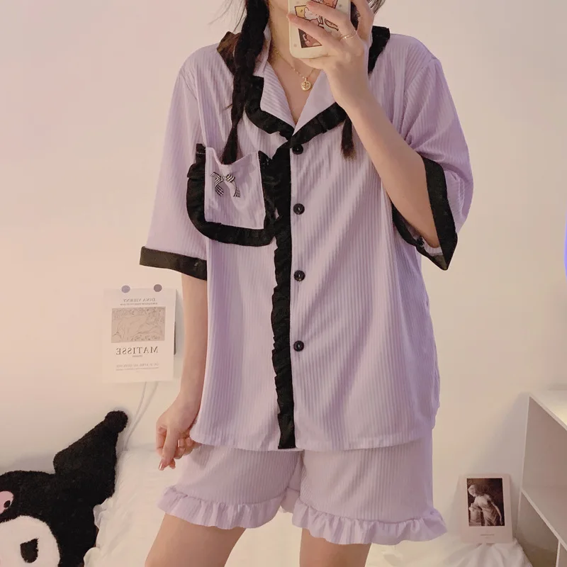 2022 Spring Summer Fashion Women's Casual Girl Smile Lace Black Bow Kawai Lovely Pullover Sleepwear Pajamas Set With Shorts Pant
2022 Spring Summer Fashion Women's Casual Girl Smile Lace Black Bow Kawai Lovely Pullover Sleepwear Pajamas Set With Shorts Pant