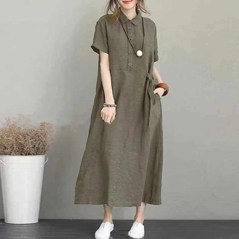 Cotton Linen Dress 2022 Summer New Women's POLO Collar Button Slim Mid-length Dress Short-sleeved Pocket Loose Literary Dress
Cotton Linen Dress 2022 Summer New Women's POLO Collar Button Slim Mid-length Dress Short-sleeved Pocket Loose Literary Dress