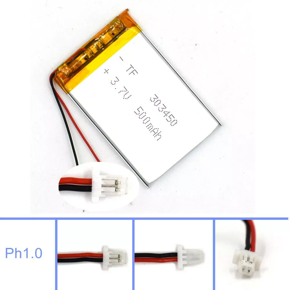 3.7V 500mAh Lipolymer 303450 wtih 2Pin JST Plug Battery Rechargeable Cell for Lamp Led Camera GPS Recorder Reader
3.7V 500mAh Lipolymer 303450 wtih 2Pin JST Plug Battery Rechargeable Cell for Lamp Led Camera GPS Recorder Reader