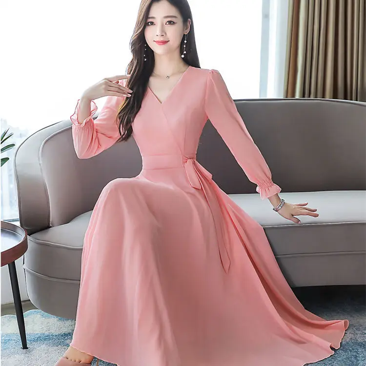 Chiffon Dress Women Solid Color Spring V-Neck Long Dresses Korean Elegant High Waist Long Sleeve Dress Vestidos Robe Femme E233
Chiffon Dress Women Solid Color Spring V-Neck Long Dresses Korean Elegant High Waist Long Sleeve Dress Vestidos Robe Femme E233