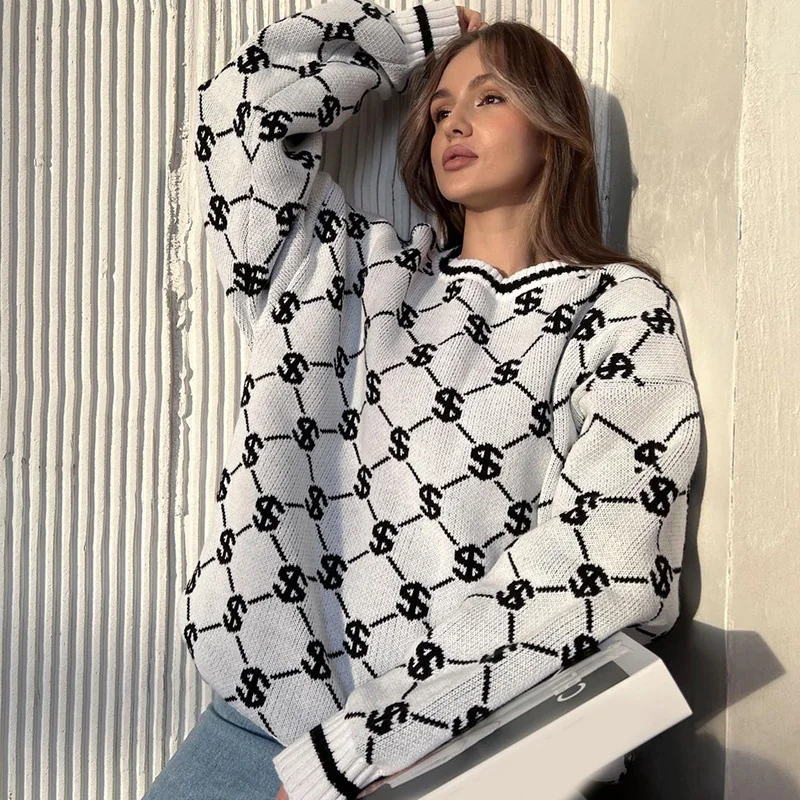 Woen Knitted Sweater Loose Rhobus Plaid Dollar Print Long Sleeve O Neck Pullovers Autun Winter War Casual Jupers
Woen Knitted Sweater Loose Rhobus Plaid Dollar Print Long Sleeve O Neck Pullovers Autun Winter War Casual Jupers