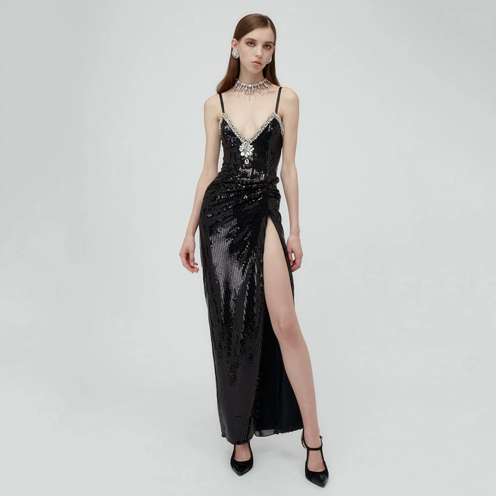 

Новинка лета 2023, женское блестящее длинное платье макси на бретелях-Спагетти длиной до щиколотки, соблазнительное Клубное черное платье с блестками и V-образным вырезом