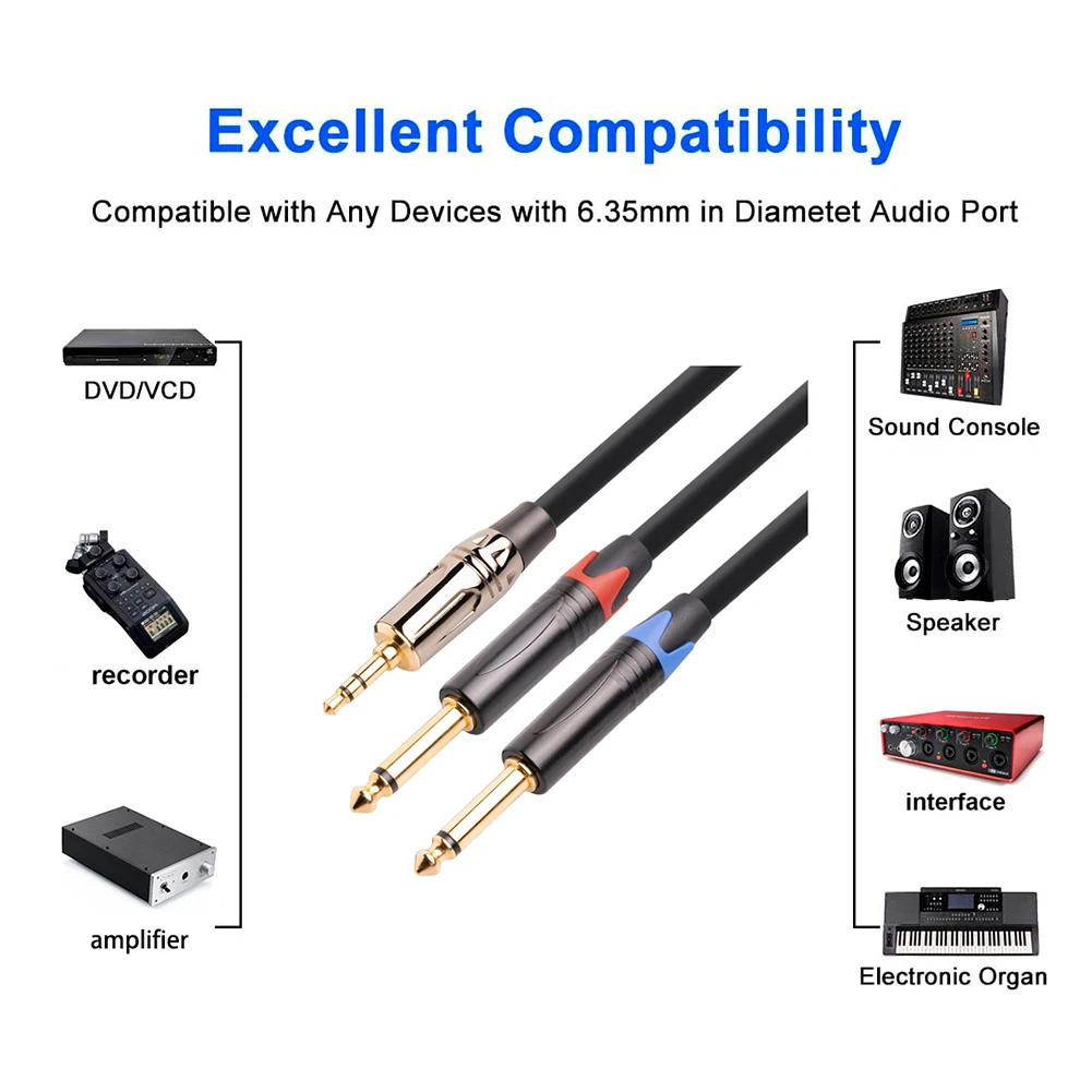 Aux Cable 3.5mm To Double 6.35mm Audio Converter Cable TRS 3.5mm Male / TS 6.35mm Male Splitter Cable
Aux Cable 3.5mm To Double 6.35mm Audio Converter Cable TRS 3.5mm Male / TS 6.35mm Male Splitter Cable