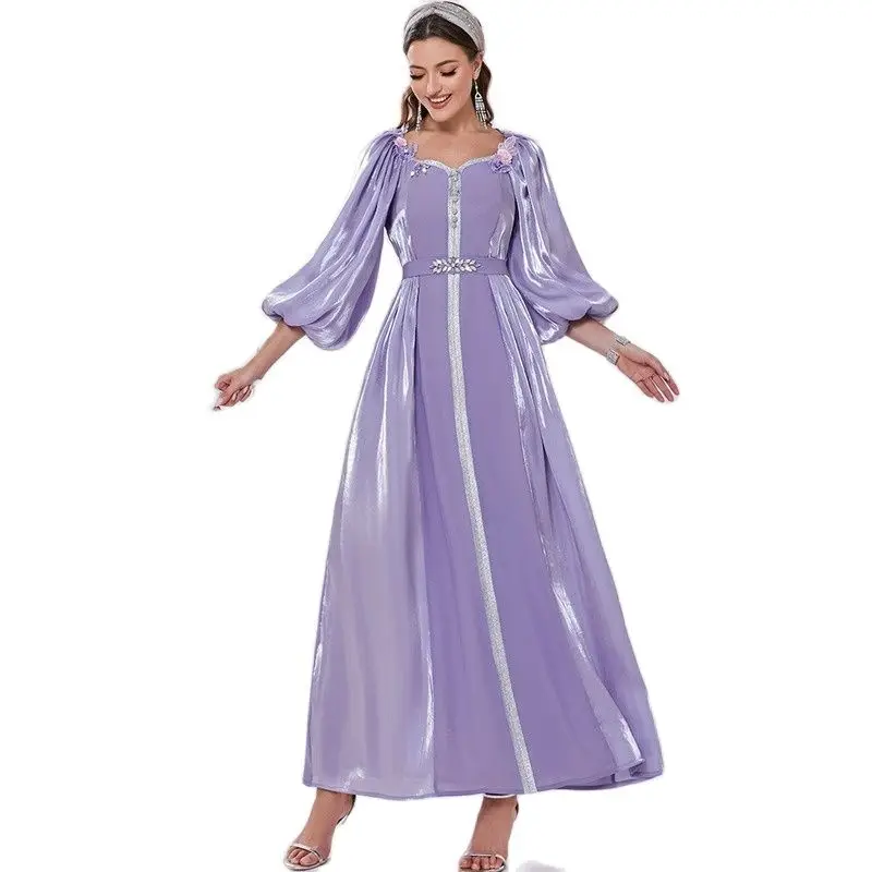 

Floral Guipure Lace Insert Rhinestone Trim Belted Dress Lilac Butterfly Puff Sleeve Party Glitter Dress Abayas For Women 2022