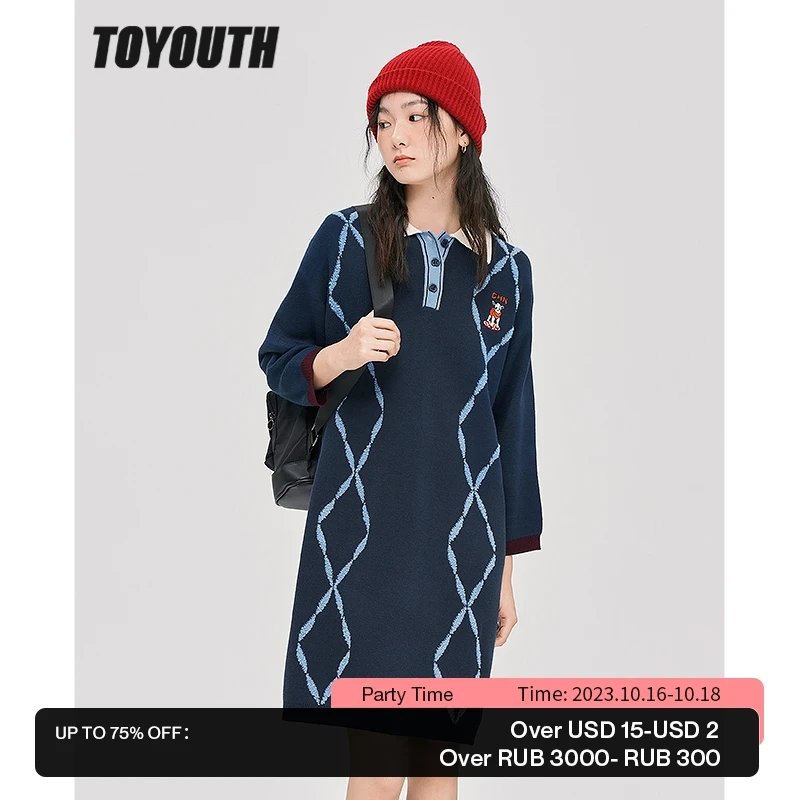 

Toyouth Women Knit Dress 2022 Winter Long Sleeve Polo Neck with Button Loose Argyle Check Print Vintage Casual Chic Midi Skirt