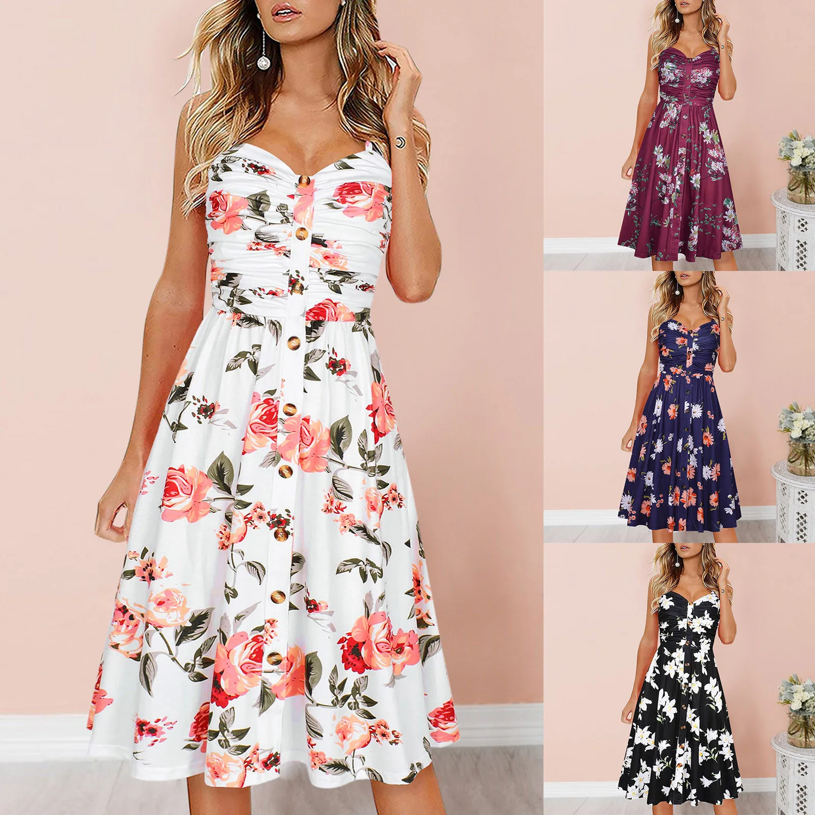 Women Print Floral Spagheti Strap Dress Summer Frill Tied Detail Shirred Dress Beach Holiday Knee-length Vestidos Sexy Dresses
Women Print Floral Spagheti Strap Dress Summer Frill Tied Detail Shirred Dress Beach Holiday Knee-length Vestidos Sexy Dresses