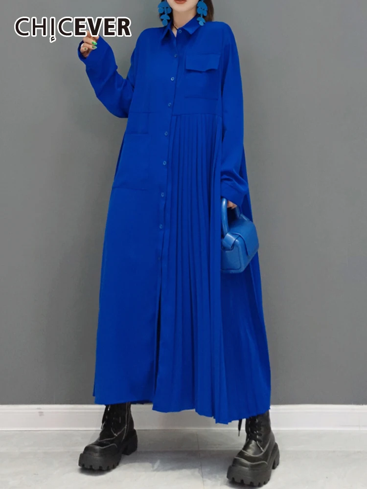 

CHICEVER однотонные асимметричные платья для женщин с отворотом и длинным рукавом однобортное лоскутное Плиссированное минималистичное свободное платье для женщин