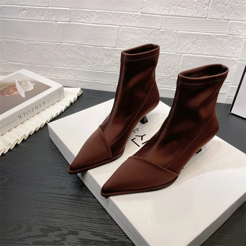 

Женские зимние ботильоны 2022, модные эластичные ботинки с острым носком, осенние ботинки на шпильке, Женская рабочая обувь, женские ботинки