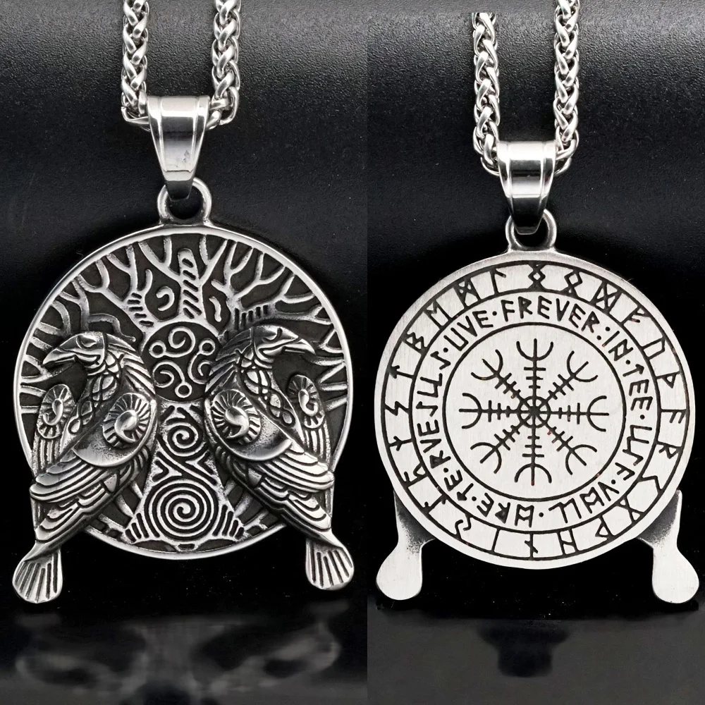 

Vintage Viking Crow Tree of Life Totem Pendant Necklace Stainless Steel Norse Rune Compass Necklace Men Norwegian Amulet Jewelry