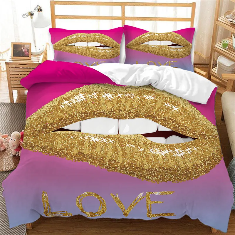 

Sexy Lips Duvet Cover King Twin 3D Mouth Print Bedding Set Microfiber Kiss Marks Comforter Cover Lipstick Trace Bedspread Cover