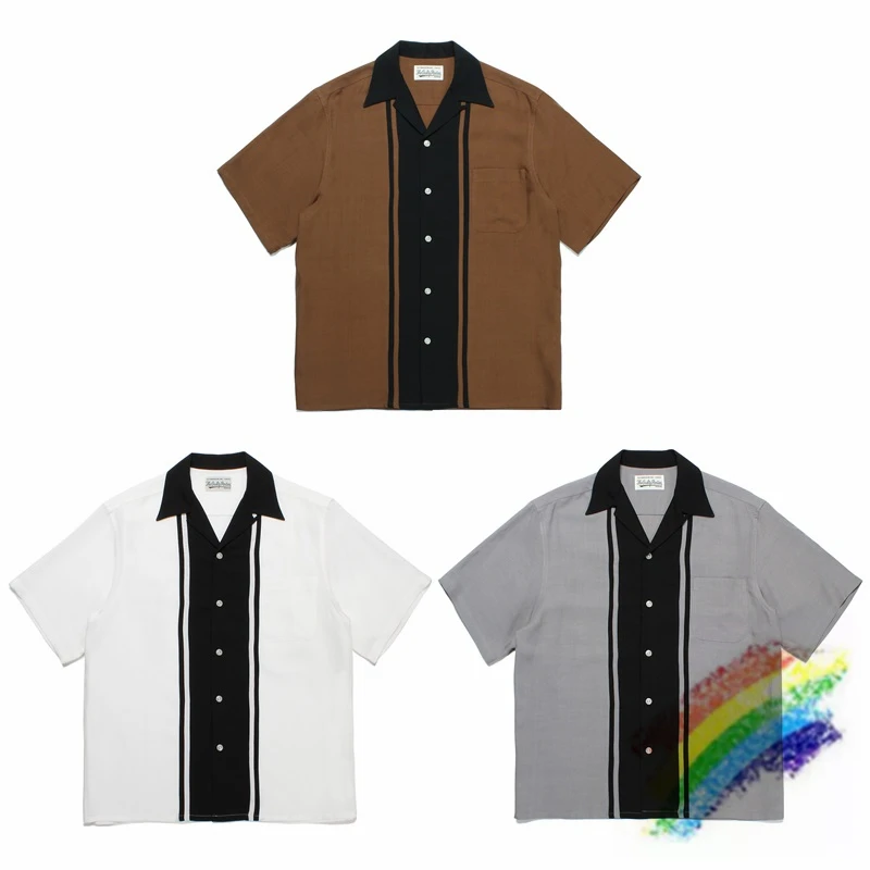 Двухцветные Гавайские рубашки в полоску WACKO MARIA для мужчин и женщин, Высококачественная Лоскутная гавайская рубашка, топ, футболка 
Двухцветные Гавайские рубашки в полоску WACKO MARIA для мужчин и женщин, Высококачественная Лоскутная гавайская рубашка, топ, футболка