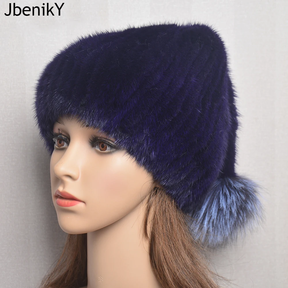 

Natural Mink Fur Hats Women Knitted Beanies Woolen Lining Fox Fur Pompom Warm Female Winter Luxury Woman Real Mink Fox Fur Cap