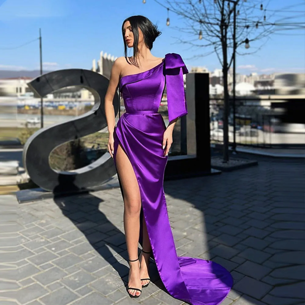 2023Purple Mermaid Satin Evening Gown Bow Luxury Sexy High Split Party Women Arabian African Prom Gowns robe de soirée femme 드레스
2023Purple Mermaid Satin Evening Gown Bow Luxury Sexy High Split Party Women Arabian African Prom Gowns robe de soirée femme 드레스