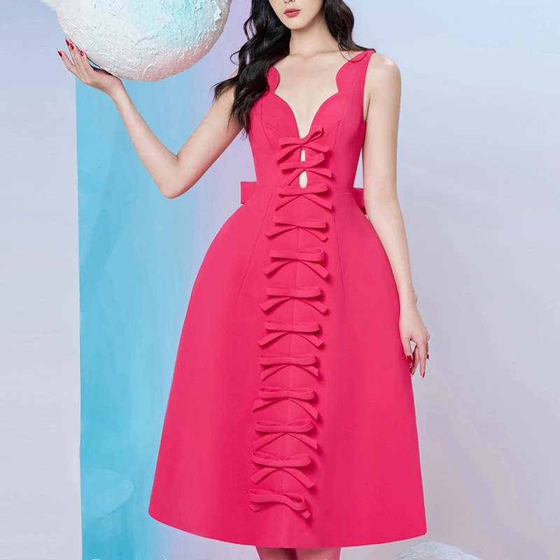 Red Elegant Women Dress Sleeveless 2023 Spring V-neck Bow Vintage Party Vestido Ladies Luxury Summer Women's Clothing 
Red Elegant Women Dress Sleeveless 2023 Spring V-neck Bow Vintage Party Vestido Ladies Luxury Summer Women's Clothing