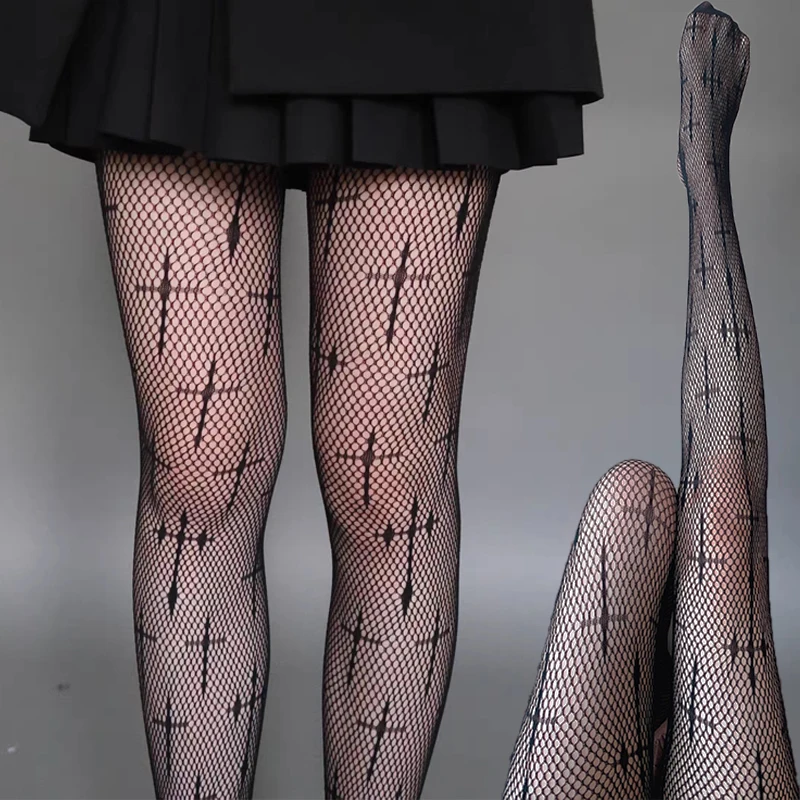 Seamless Silk Stockings Sexy Fishnet Tights High Pantyhose Women Cross Printing Hollowed Nylon Punk Lingerie Fishnet Hosiery 
Seamless Silk Stockings Sexy Fishnet Tights High Pantyhose Women Cross Printing Hollowed Nylon Punk Lingerie Fishnet Hosiery