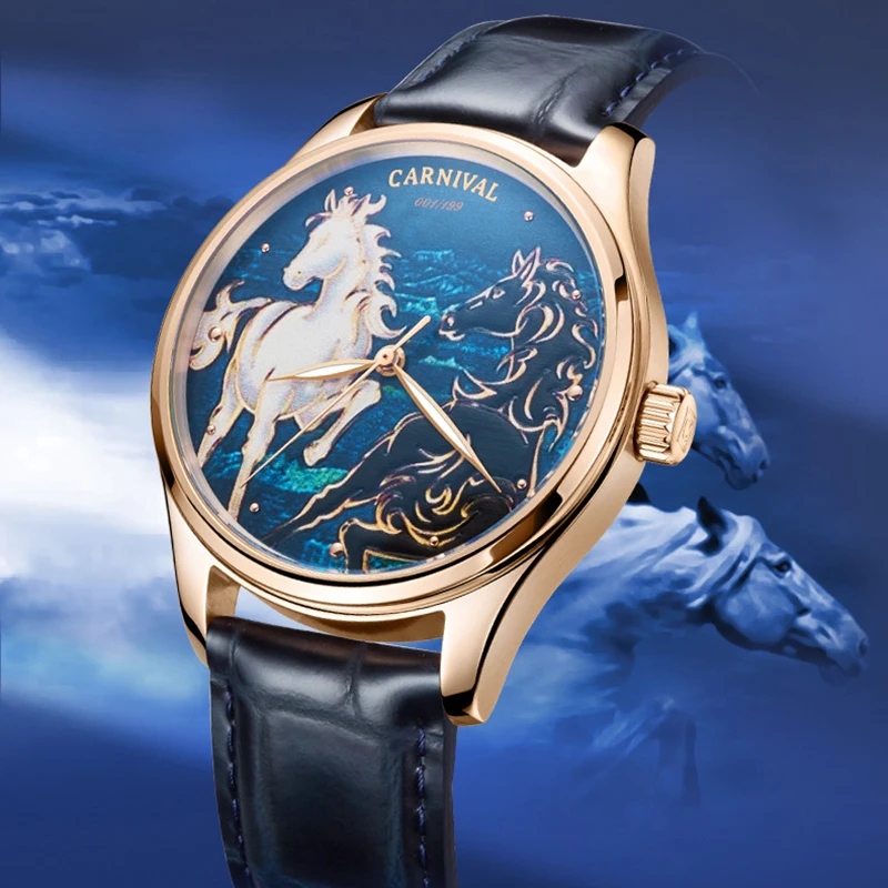 CARNIVAL Fashion Zodiac Horse Blue Mechanical Watch Men Leather Sapphire Crystal Waterproof Automatic Watches Relogio Masculino
CARNIVAL Fashion Zodiac Horse Blue Mechanical Watch Men Leather Sapphire Crystal Waterproof Automatic Watches Relogio Masculino