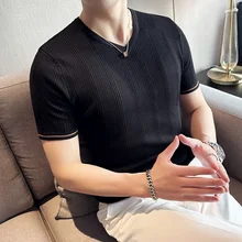 New Men Short Sleeve Breathable Leisure O-neck Slim Fit T-shirts Male Fashion Ice Silk Knitted Tops Size Shirt S-3XL