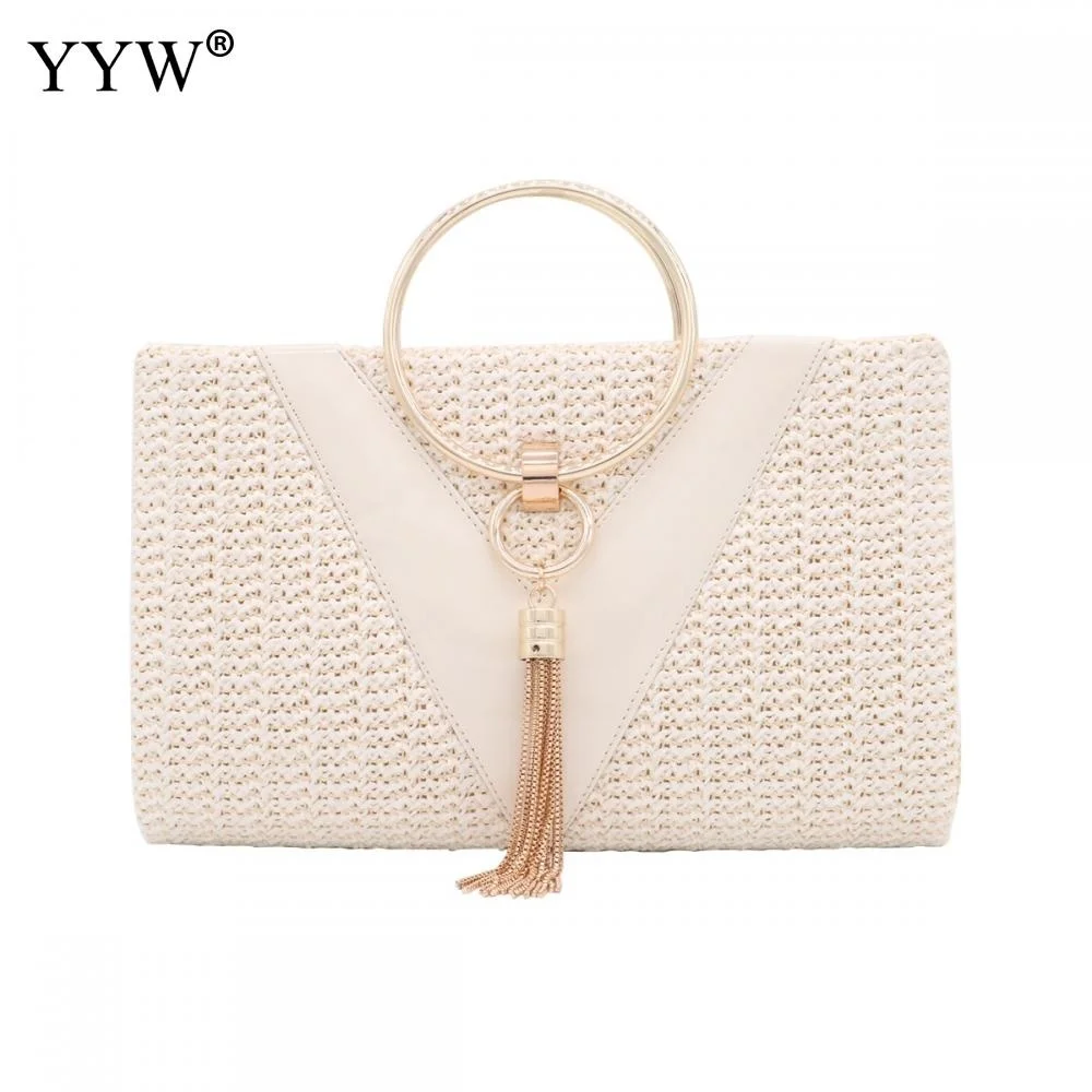 

Elegant Straw Women Evening Clutches Bag Tassels Female 2023 Bag Ladies Envelope Purse For Party White Yellow Handbags Boho