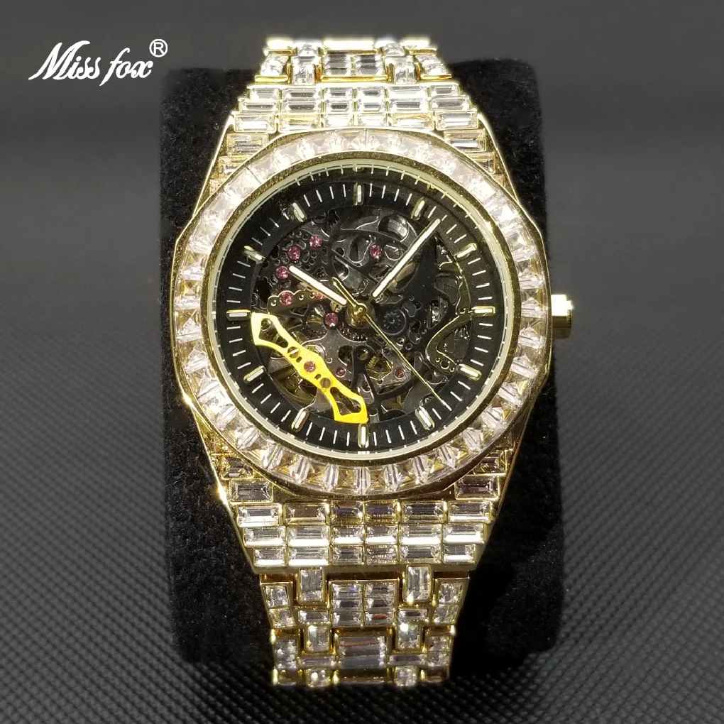 MISSFOX Ice Out Mechanical Watches For Men Luxury Gold Fully Diamond Automatic Watch Hip Hop Hollow Dial Tourbillon Wristwatch
MISSFOX Ice Out Mechanical Watches For Men Luxury Gold Fully Diamond Automatic Watch Hip Hop Hollow Dial Tourbillon Wristwatch