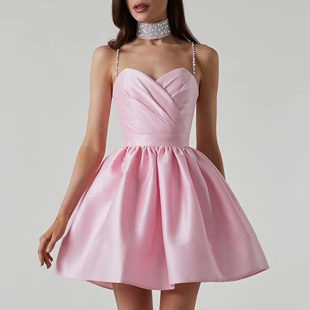 Sweetheart Spaghetti Straps Pleated Party Gown Custom Made Pink Satin Ball Gown Graduation Cocktail Dresses for Girls 2023
Sweetheart Spaghetti Straps Pleated Party Gown Custom Made Pink Satin Ball Gown Graduation Cocktail Dresses for Girls 2023