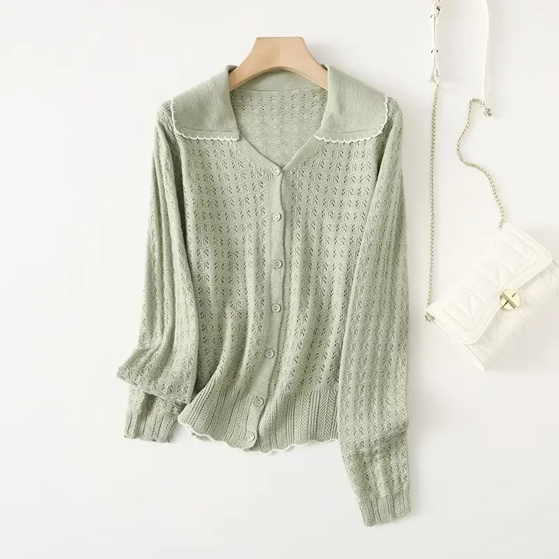 Spring Autumn Knitted Hollow Out Cardigans Women Long Sleeve Turn-down Collar Single Breasted Sweaters 2022
Spring Autumn Knitted Hollow Out Cardigans Women Long Sleeve Turn-down Collar Single Breasted Sweaters 2022