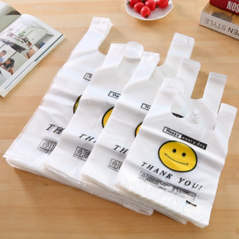 

50pcs/pack 3 Sizes Carry Out Bags Smile Gift Bag Retail Supermarket Grocery Shopping Plastic Bags with Handle Food Packaging
