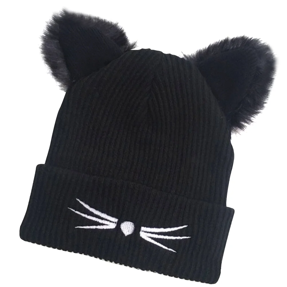 

Women's Hat Cat Ear Crochet Braided Knit Caps with Double Pom Pom Cat Ears for Women Girls (Black)