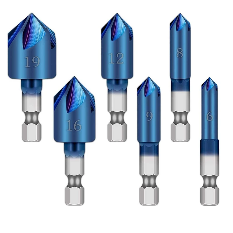 6Pcs 1/4Inch Hex Shank HSS Counter Sink Drill Bit 90 Degree 5 Flute Nano Blue Coated Chamfer Tool Woodworking Drill Bits
6Pcs 1/4Inch Hex Shank HSS Counter Sink Drill Bit 90 Degree 5 Flute Nano Blue Coated Chamfer Tool Woodworking Drill Bits