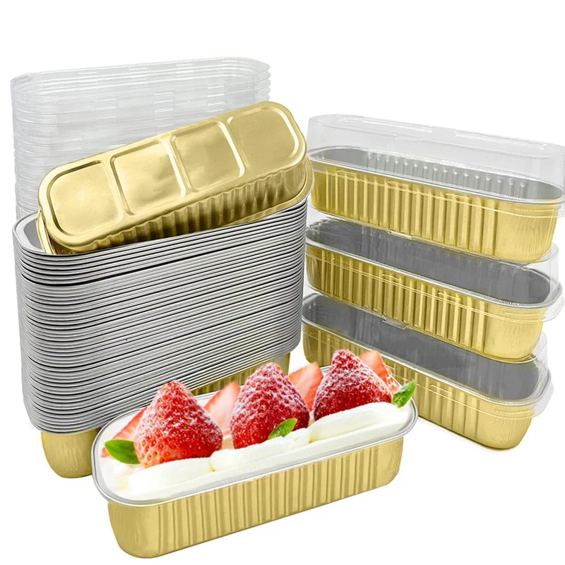 

50PCS Disposable Aluminum Baking Cups Mini Loaf Pans Rectangle Muffin Tins Mini Narrow Cake Pans For Party