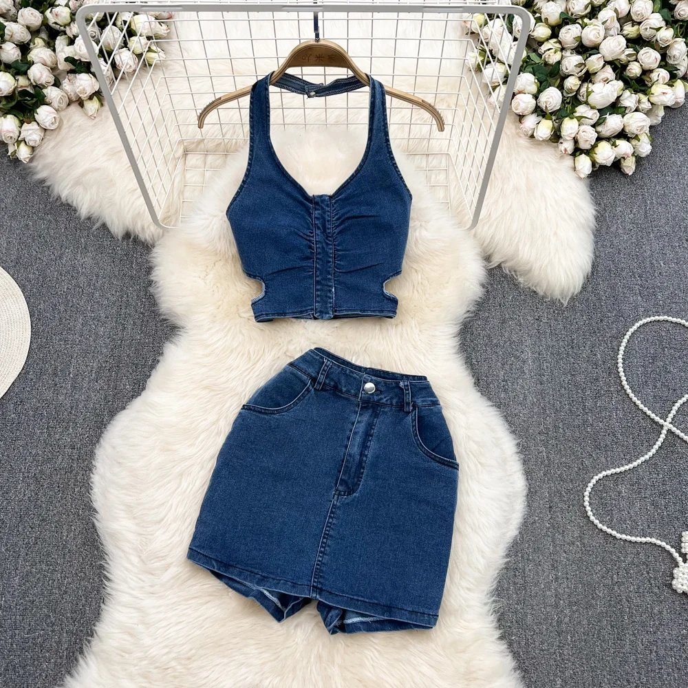 Sexy Girls Denim Skirt Set Summmer New Backless Halter Short Top Waist Hole Vest And Mini Skirt Denim skirt shorts For Women
Sexy Girls Denim Skirt Set Summmer New Backless Halter Short Top Waist Hole Vest And Mini Skirt Denim skirt shorts For Women