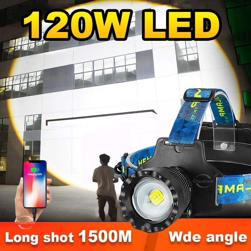 

120W LED Powerful Head Flashlight Rechargeable Headlight Camping 1500M Zoomable Headlamp Waterproof Fishing Lantern