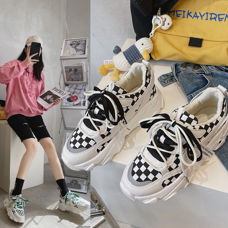 Women's Chunky Sneakers Korean Style Checkerboard Plaid Low Top Travel Gym Sports Shoes Height Increase Black Lace-ups
Women's Chunky Sneakers Korean Style Checkerboard Plaid Low Top Travel Gym Sports Shoes Height Increase Black Lace-ups