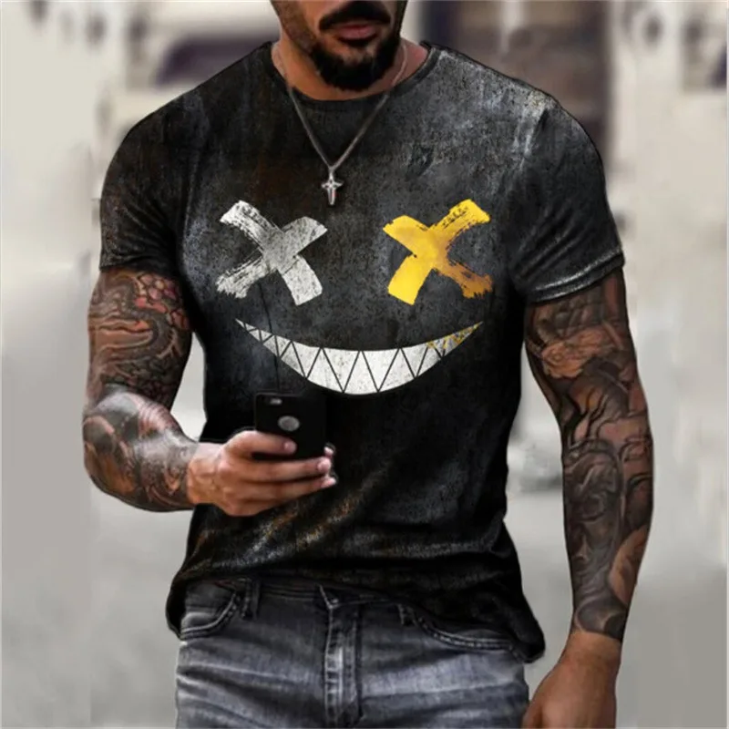 

XOXO Men T-Shirt Fashion O-Neck Casual Short Sleeve Harajuku Hip Hop Trend Oversized T-Shirt Smiley Print ONeck Trendy T-Shirt